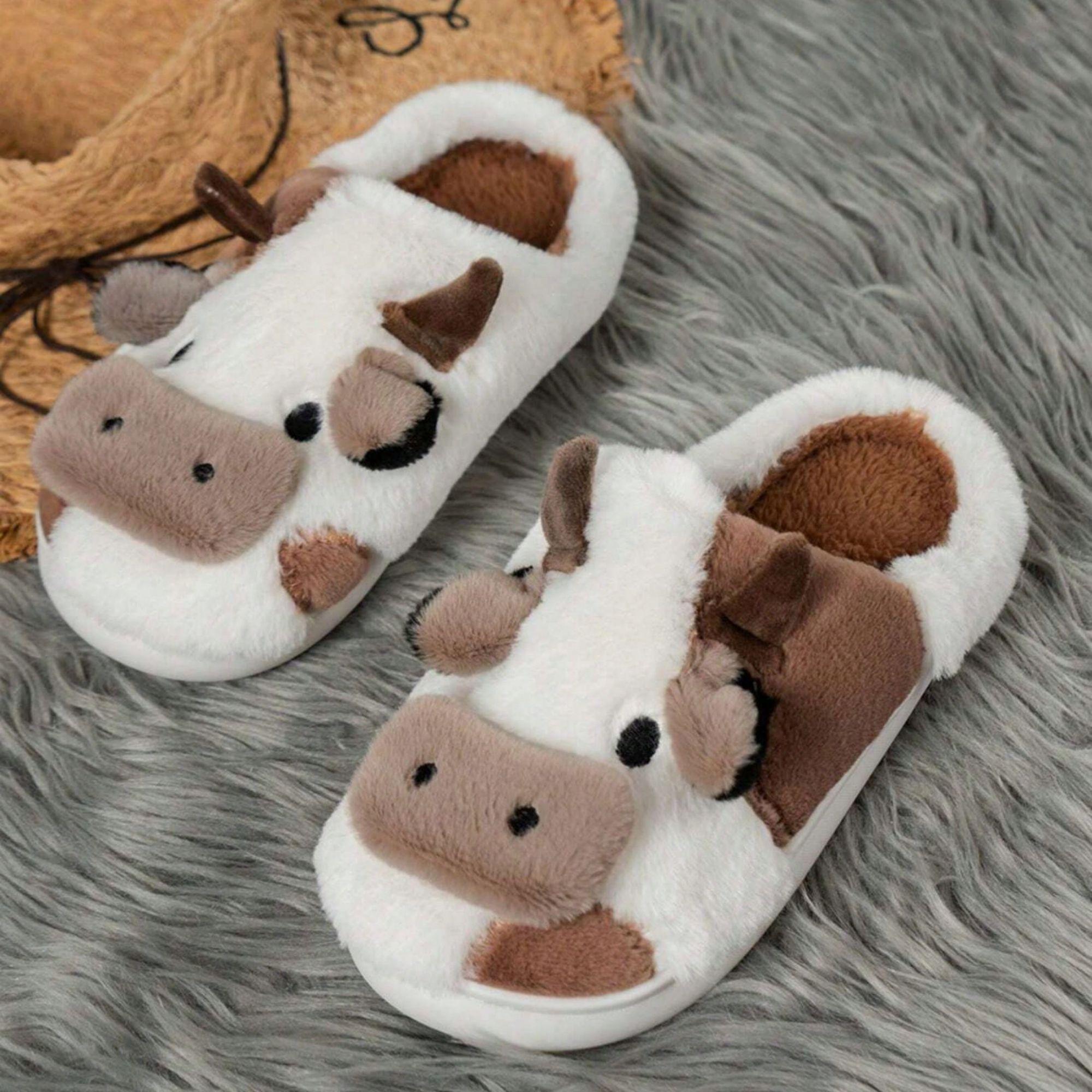 Cartoon Cow Cotton Slippers, Winter Indoor Outdoor Slippers for WomenWinter Warm Shoes
