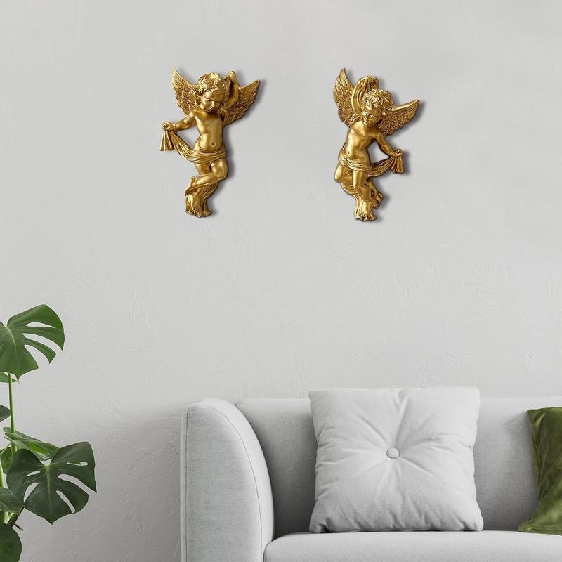 2pcs Vintage Golden Angel Statue Wall Decor,Golden Wall Decor Sculptures - Wall Art Decoration - Perfect for Living Room, Hallway And Entryway, Ideal for Elegant Home Decor, Hooks on The Back for Easy Installation, Room Decor