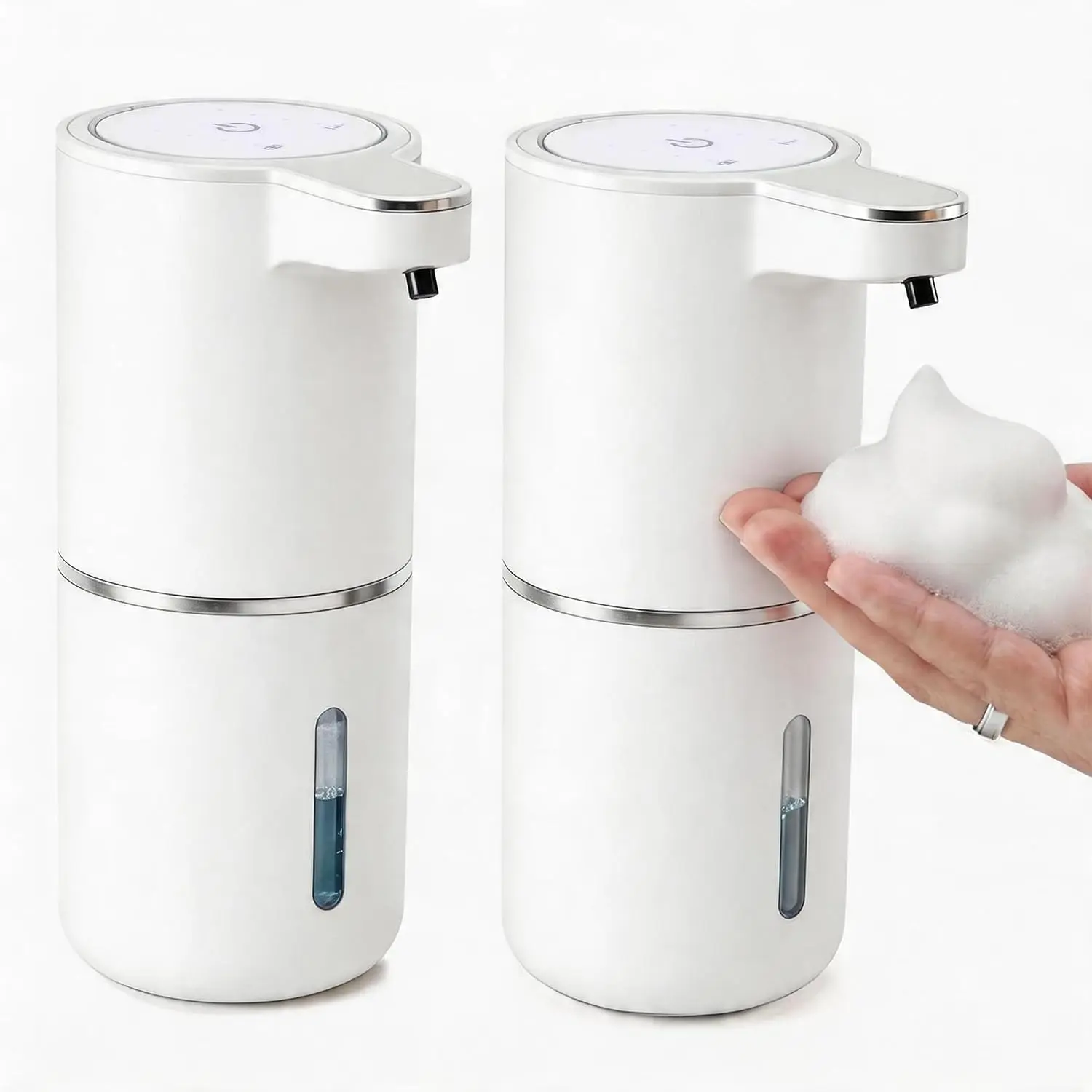 2-Pack Automatic Foam Soap Dispenser – USB Rechargeable Smart Hand Soap Dispenser with 4-Level Adjustable, 380mL Wall Mounted or Countertop, IPX5 Waterproof, for Bathroom Kitchen (White)