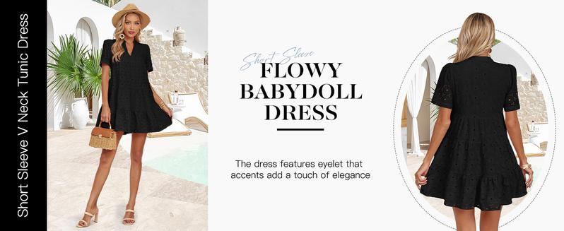 Wenrine Women’s Summer Lace Dresses Eyelet Casual Flowy Babydoll Swing Short Sleeve V Neck Tunic Dress