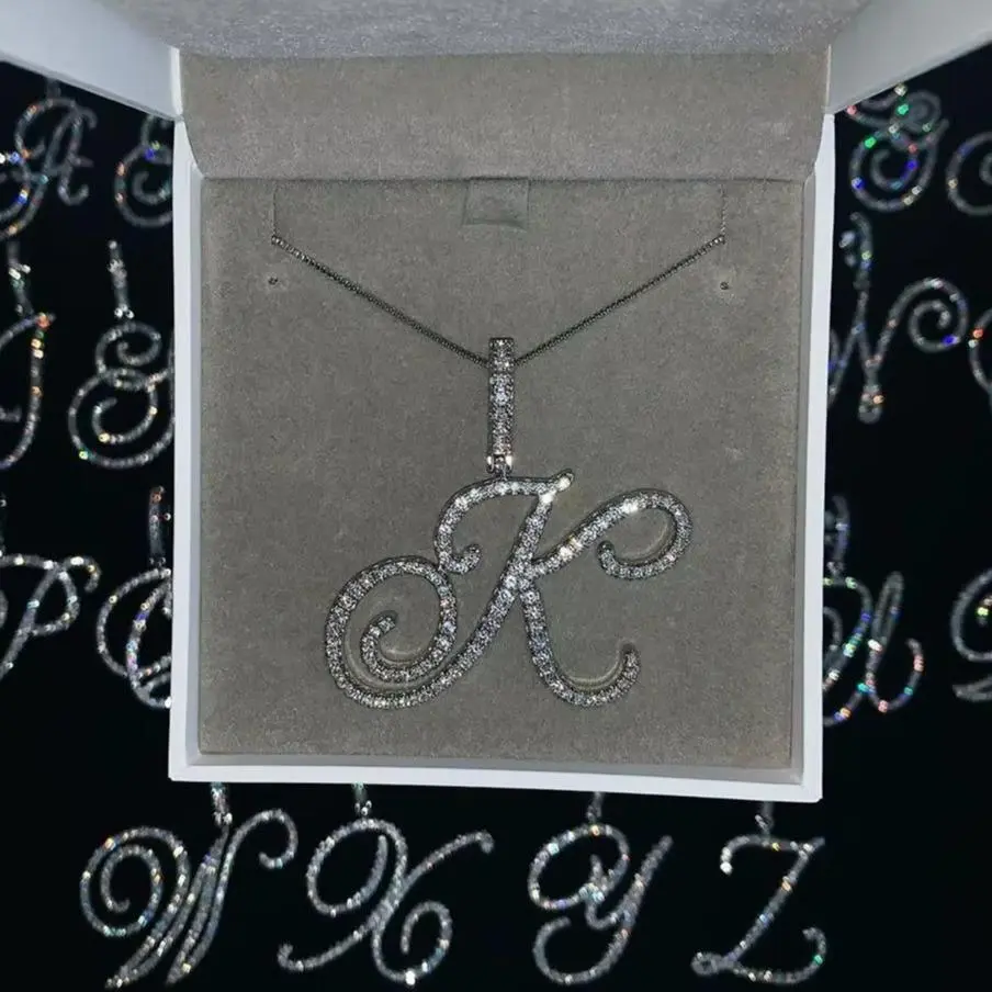 Cursive 26 Initial Letter Pendant Necklace Micro Pave 5A Cubic Zirconia CZ Alphabet Name Jewelry