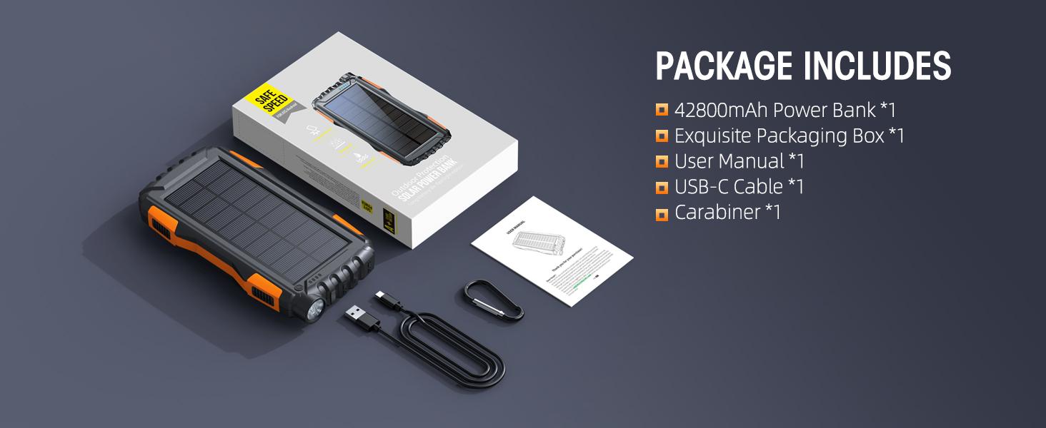 Power-Bank-Solar-Charger 42800mAh Portable Charger External Battery Pack 5V3.1A QC 3.0 Fast Charger with Super Bright Flashlight IP67 Waterproof - Phone