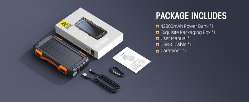 Power-Bank-Solar-Charger 42800mAh Portable Charger External Battery Pack 5V3.1A QC 3.0 Fast Charger with Super Bright Flashlight IP67 Waterproof - Phone