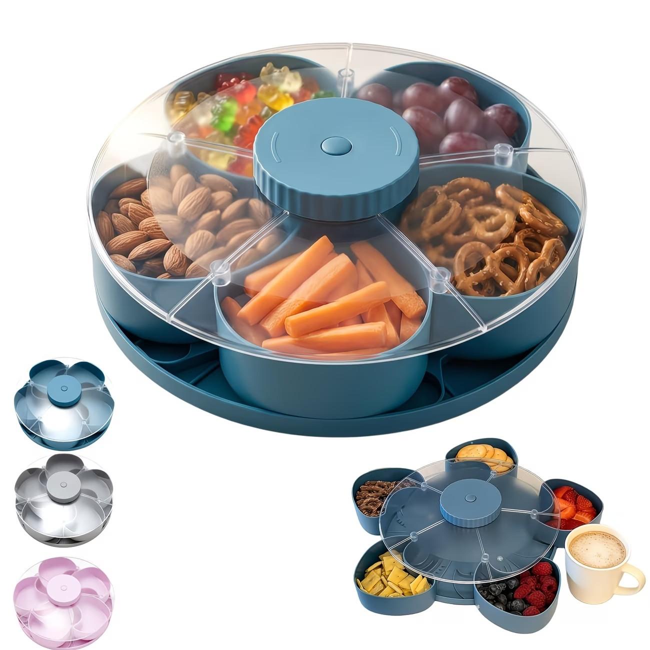 Rotating Divided Serving Tray with Spinning Lid, Multi-Compartment Food Organizer, Portable Travel Snack Box, Ideal Hostess Gift