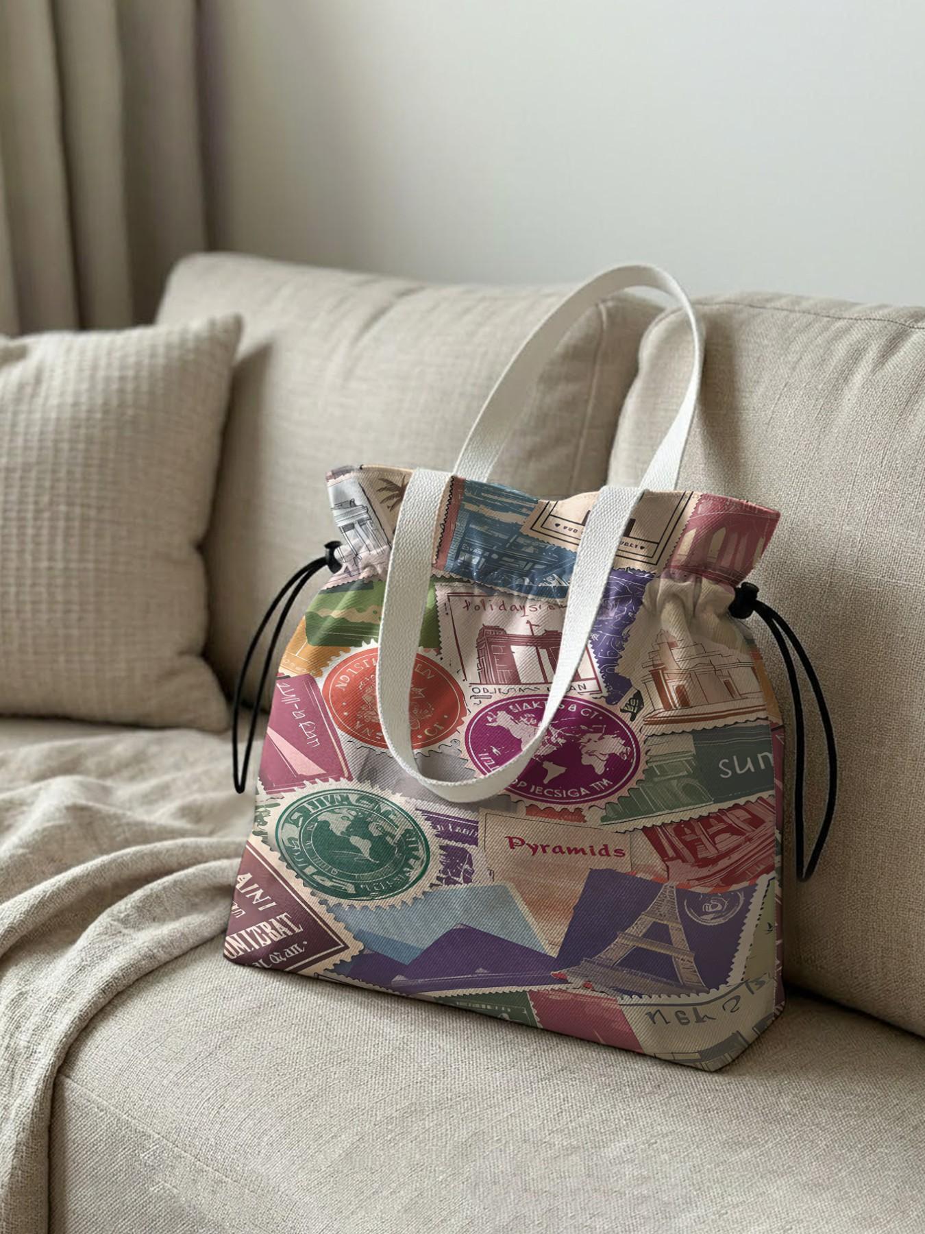 Stamp Pattern 2D Printed Drawstring Tote Bag, Large Capacity Shopping Bag, Commuter Tote Bag, Durable and Wear-Resistant, Random Print, All Seasons