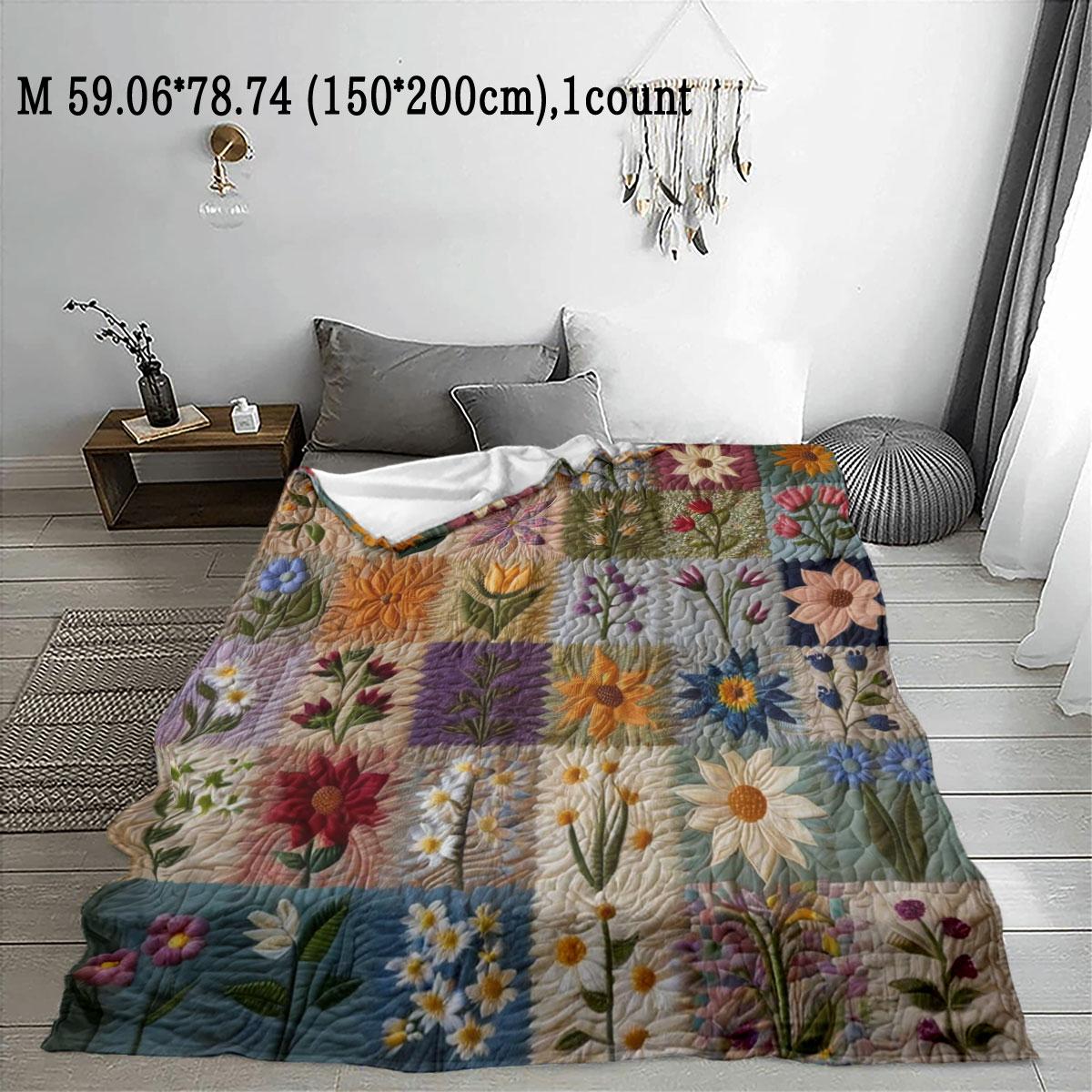 Floral Pattern Patchwork Quilted Throw Blanket, Soft Comfortable Warm Napping Blanket, Cool Bedroom Bedding Blankets for Home Office Travel Dormitory, Soft Comfy Blanket