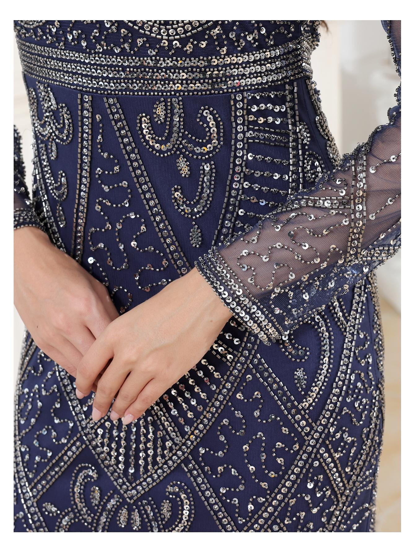 Celesmeety Women's Elegant Muslim Dress, Sequin Embroidery, Sheer Long Sleeve, Perfect for Party, Wedding, All Seasons, Classy Modest Dress