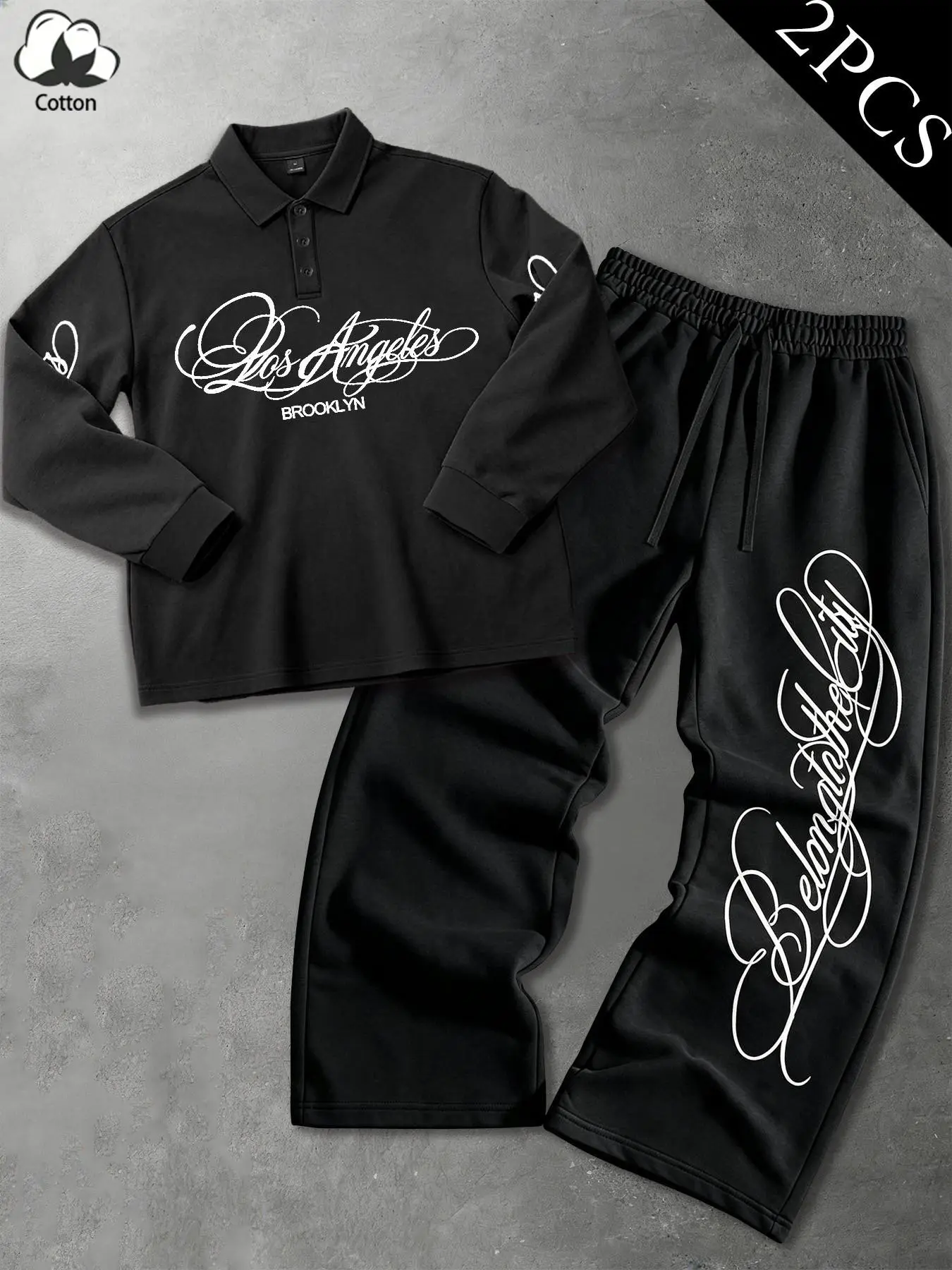 Unisex Black LA Script Long Sleeve Polo Shirt + Wide Leg Sweatpants 2 Piece Set American West Coast Chicano Street Casual Outfit
