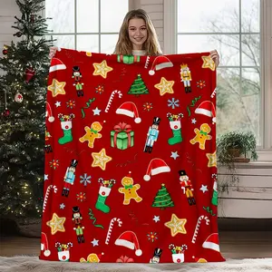 1Pc Red Christmas Fleece Blanket Suitable For - Contemporary Nutcracker, Gingerbread & Ornament Print Bedspread - Cozy Winter Warmth For Couch, Bed - Holiday Decor In Red & Multicolor - - Use