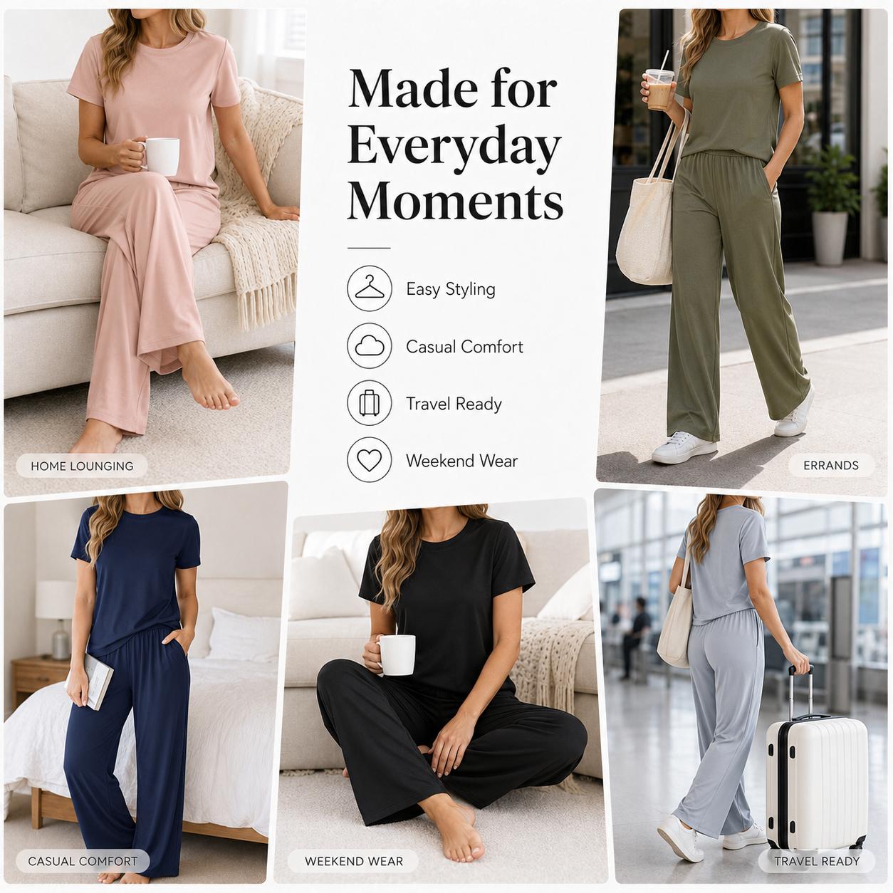 Women Dusty Pink 2 Piece Loungewear Matching Set, Crew Neck Short Sleeve Curved Hem T-Shirt + High Waist Elastic Pleated Wide Leg Pants With Side Pockets Soft Stretchy Knit Casual Daily Outfit