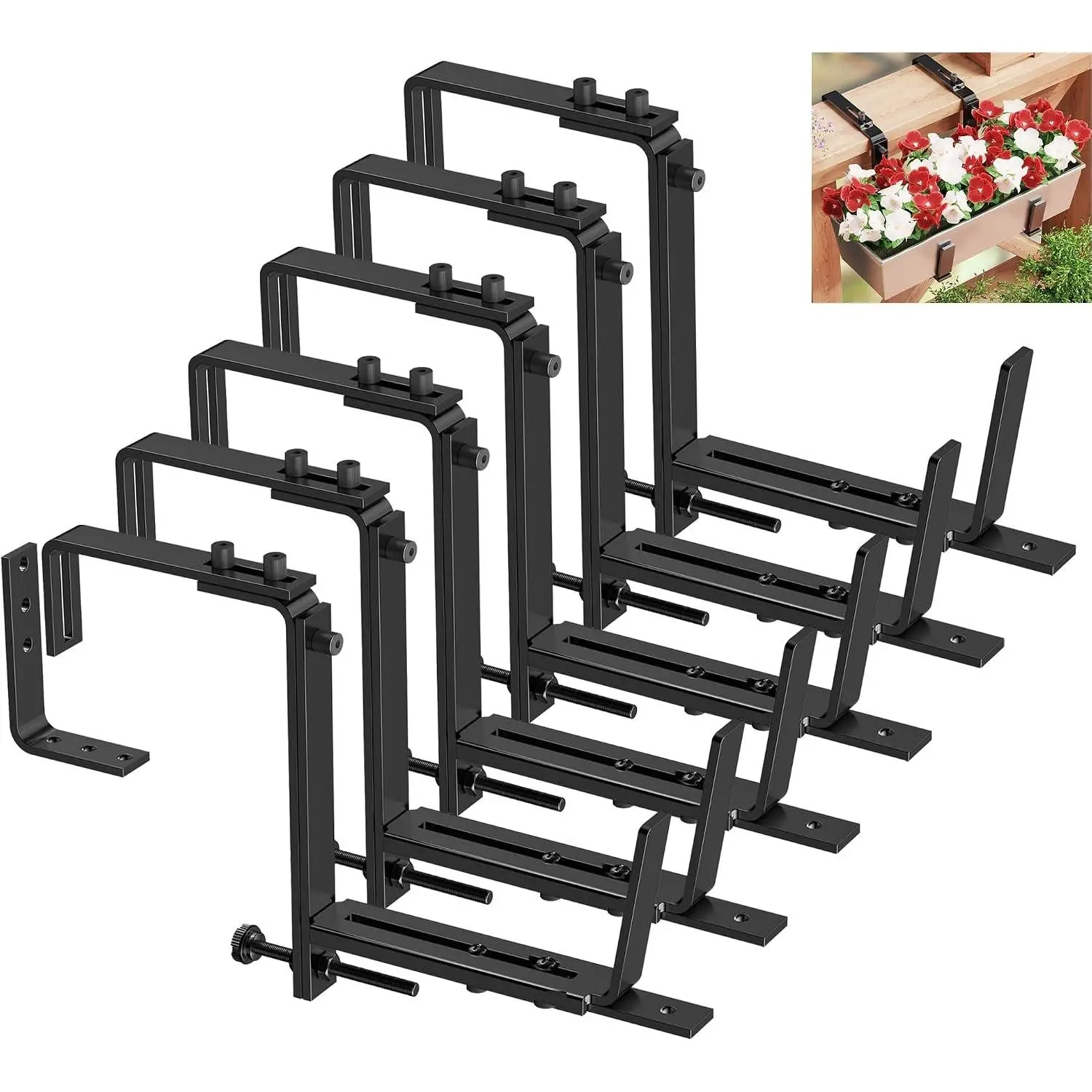 6 Pcs Deck Railing Adjustable Planter Box Brackets (6 to 12.5 in), Universal Heavy Duty Iron Flower Box Brackets Wall Mounting Hooks for Fences, Patio, and Garden - Black (Patent Registered)