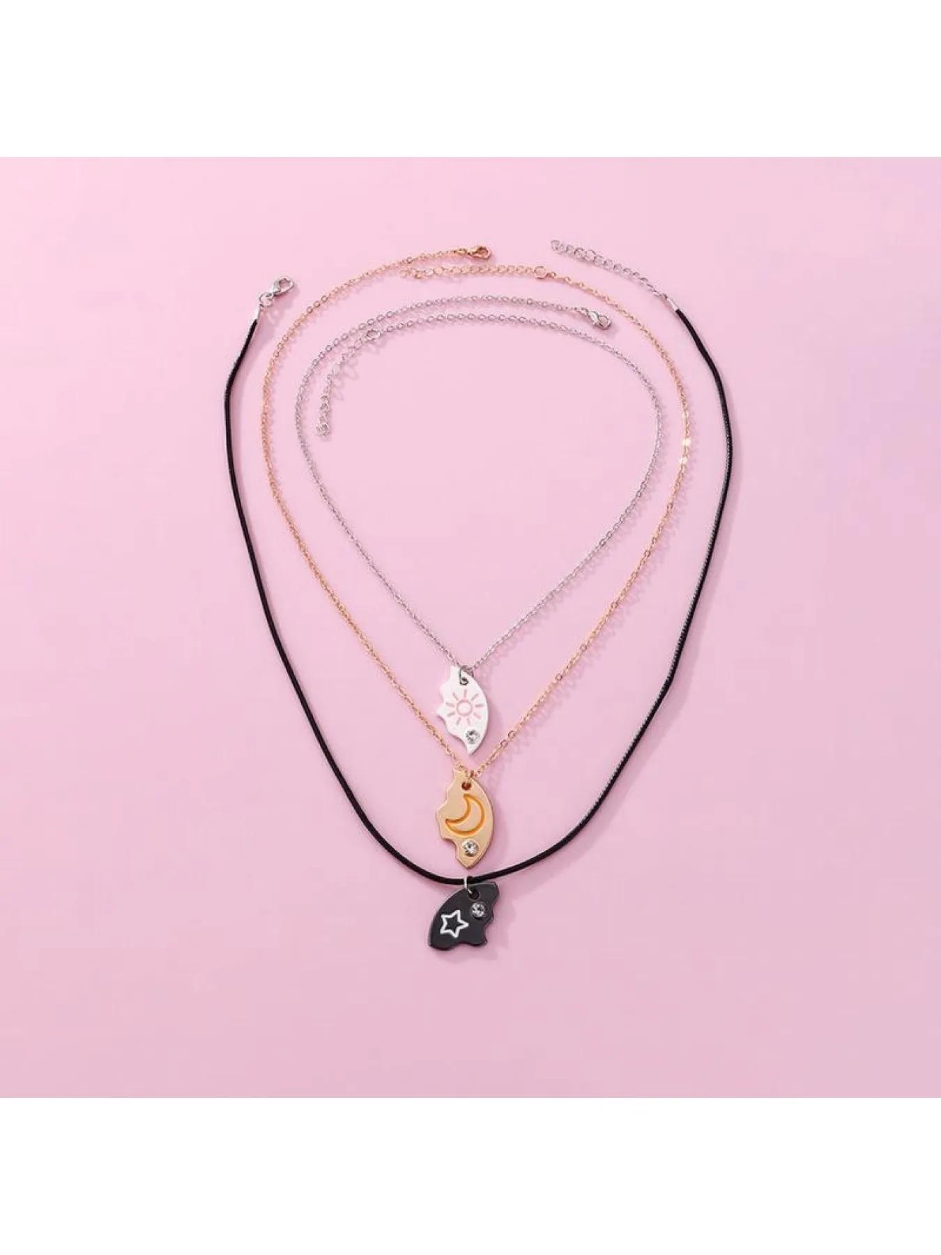 Set of 3 Round Rhinestone Star Moon Sun Friendship Necklaces BFF Best Friends Forever Fantasy Cute Pendant for Unbreakable Friendship