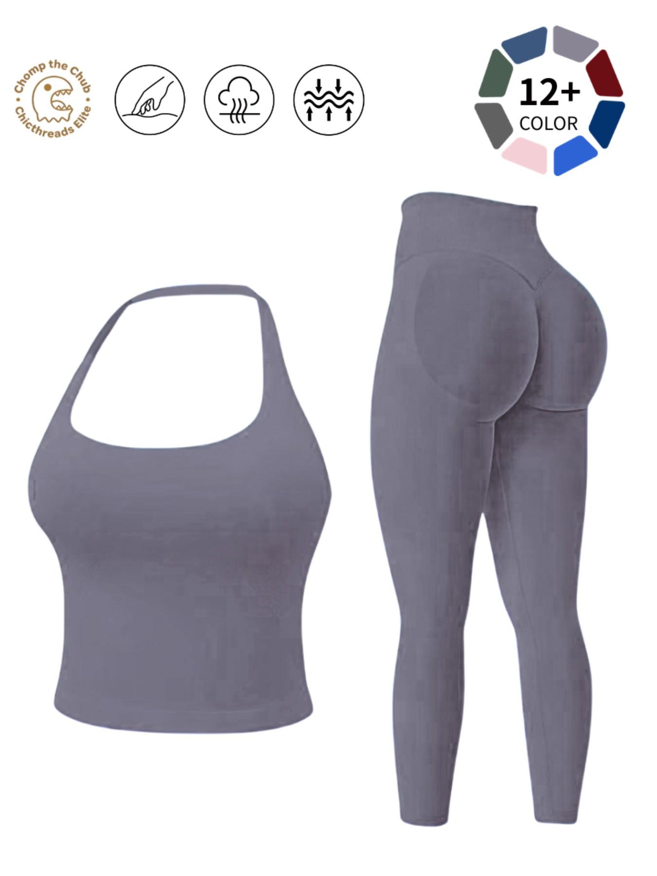 Halter Neck Backless Yoga Set - 12+ Colors, Seamless 2-Piece Workout Outfit with Butt Lifting Leggings, Buttery Soft & Squat-Proof for Gym, Yoga & Everyday Wear, Backless Gym Clothes, Workout Sets, Seamless Sport Clothing