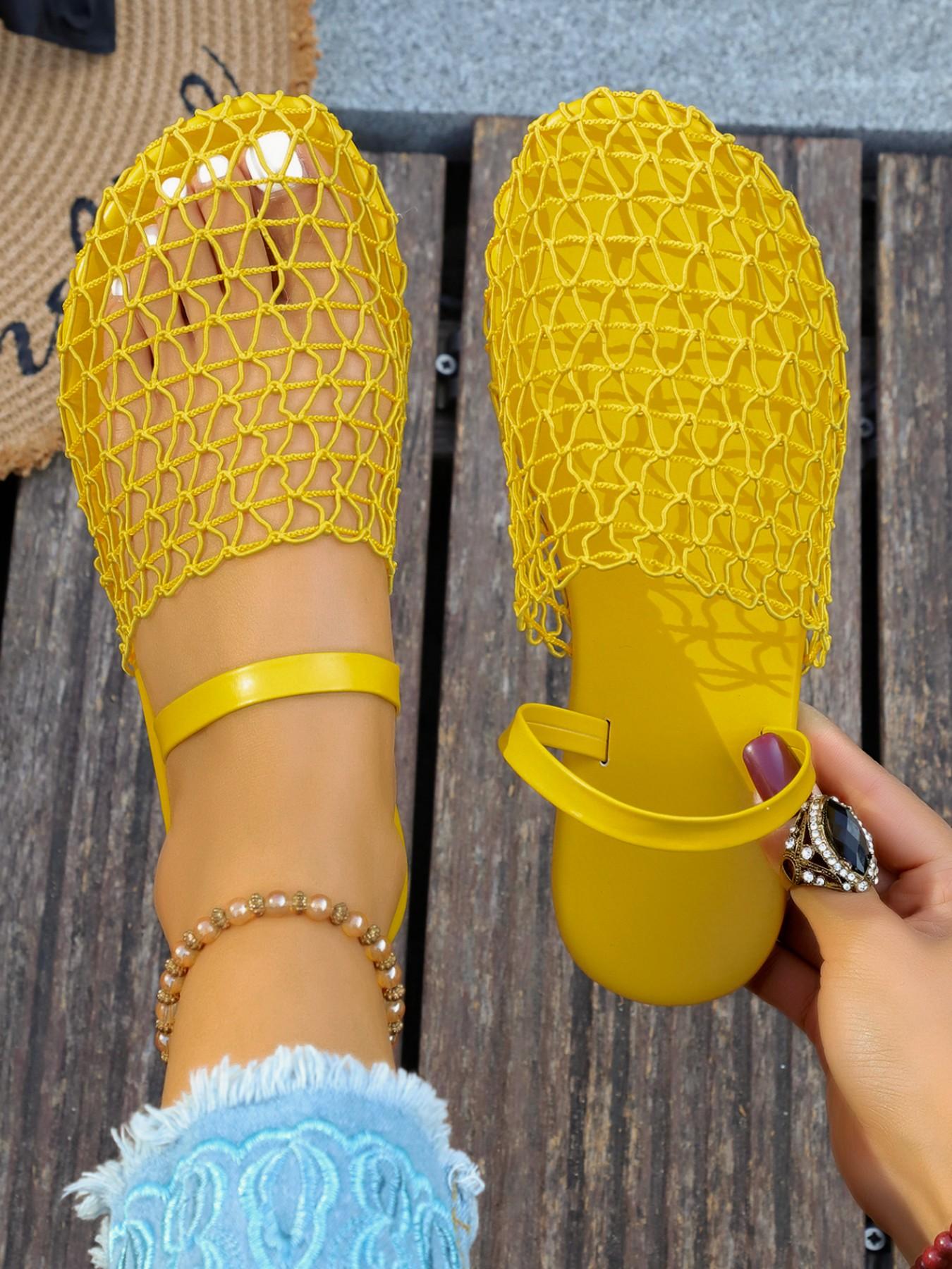 Women's YYW1 Fishnet Weave Hollow-Out Round Toe Flat Slip-On Casual Shoes, Large Sizes, Comfortable Walks for Daily Wear