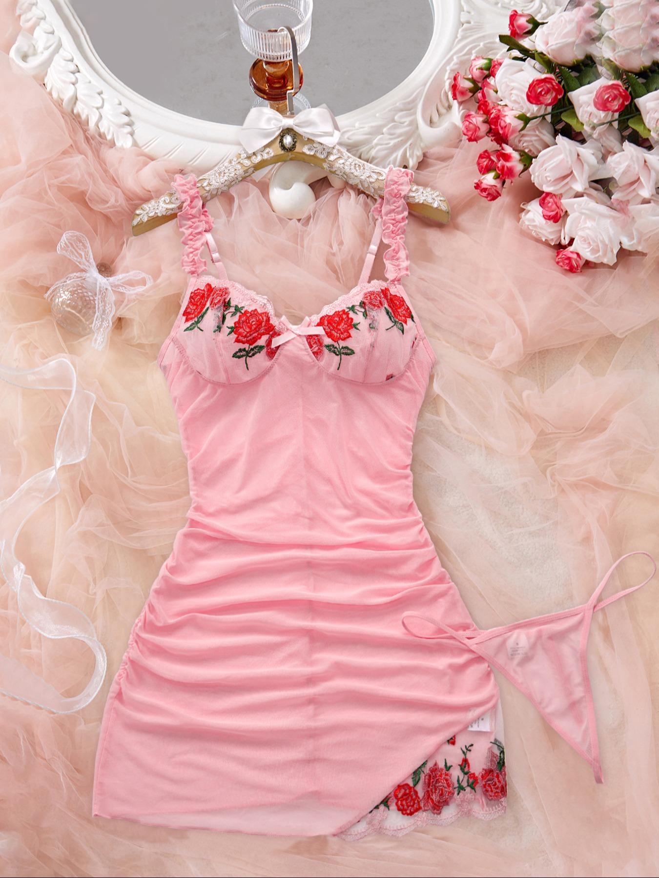 Women's 2-Piece Candy Color Rose Embroidered Sleepwear Set, Soft Comfortable High Stretch Home Strapless Nightgown, Elegant All-Season Pajamas