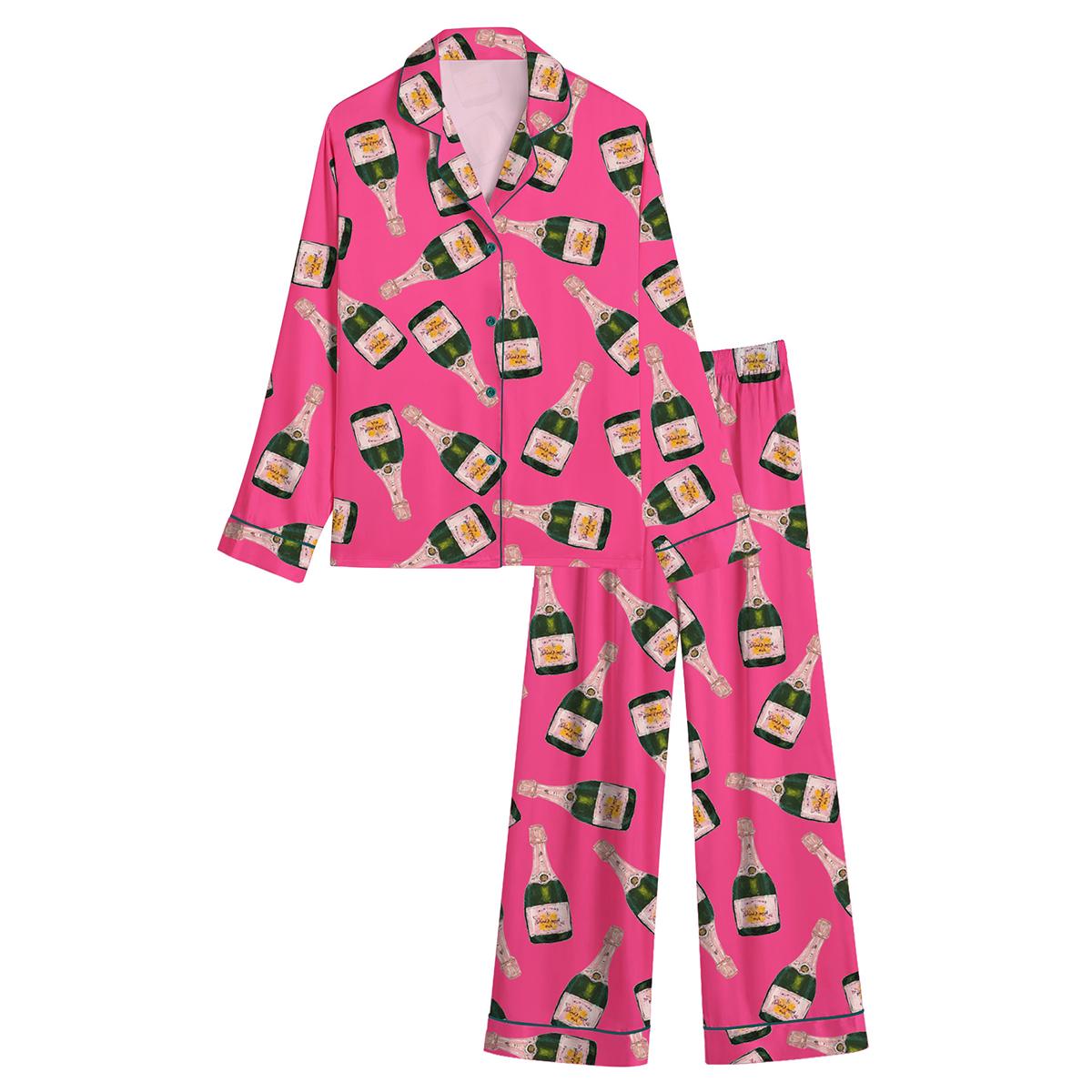 Champagne Bottles Pajama Set For Women Print Comfy Satin Sleepwear & Loungewear Pjs Printing Silky Top & Bottoms - SHESHOW