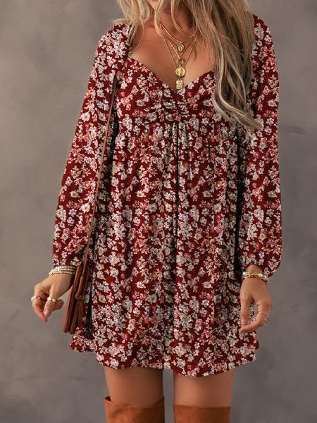 Women's Ditsy Floral Print Sweetheart Neck Shirred Back Dress, Boho Fashion Casual Puff Sleeve Dress for Daily Holiday Vacation Wear, Ladies Dress for All Seasons