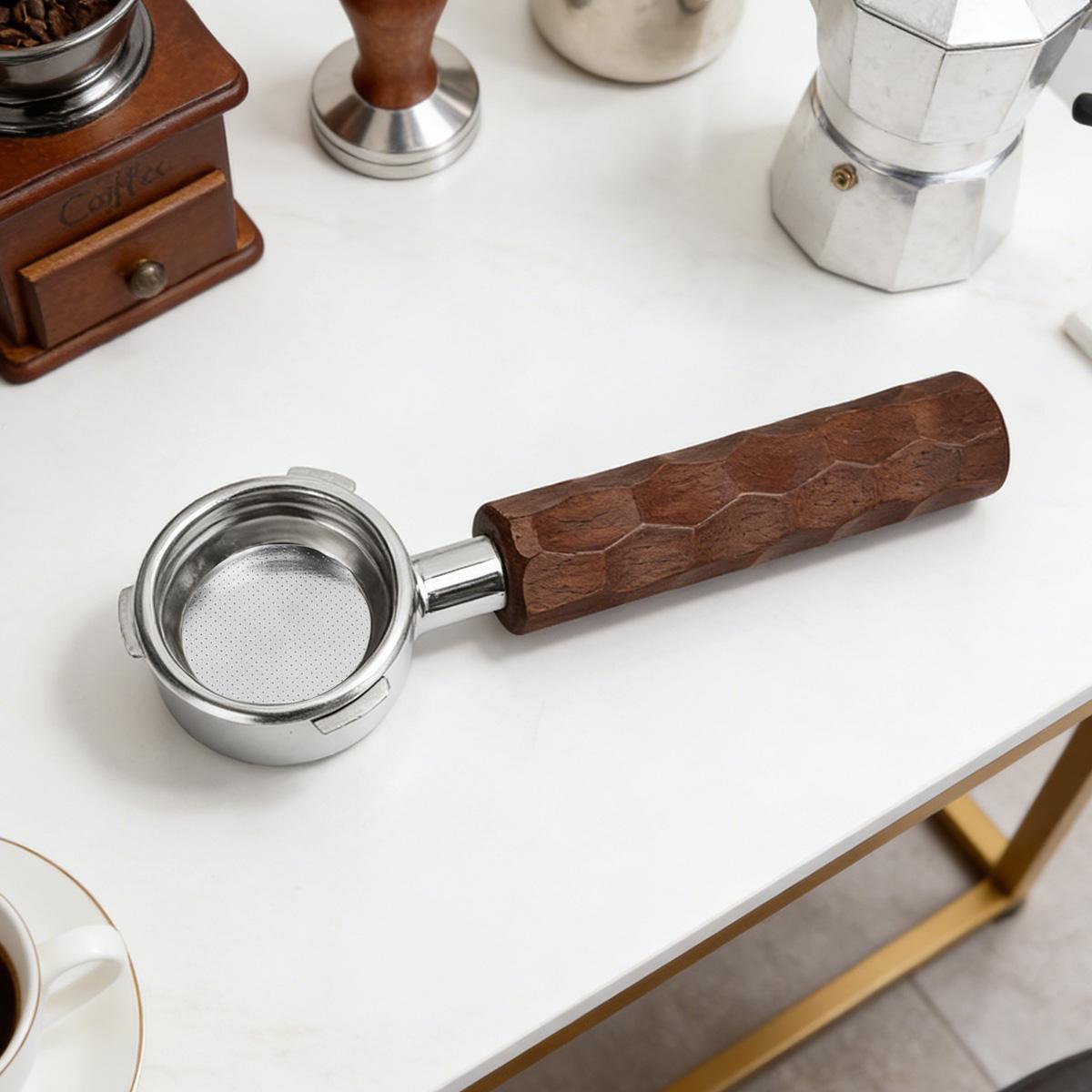 58mm Espresso Bottomless Portafilter, Solid Wood Handle, Stainless Steel, Compatible with Barsetto Bae01, Bae02, Calphalon Temp Iq