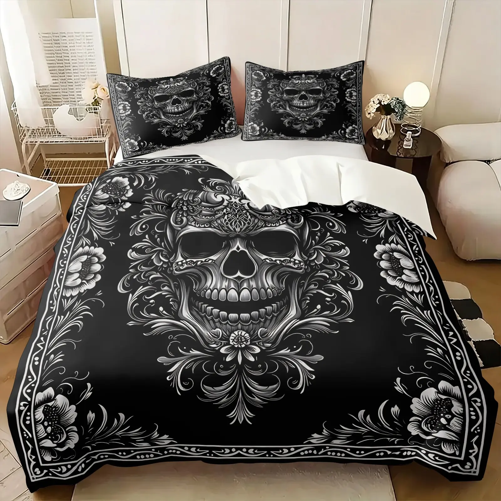 3Pcs Vintage Ornate Floral Skull Duvet Cover Set, Includes 1 Duvet Cover + 2 Pillowcases, Soft Comfortable Breathable All‑Season Microfiber Fabric, Black White Gothic Tattoo Print Bedding, Ideal for Gothic Bedroom Decor