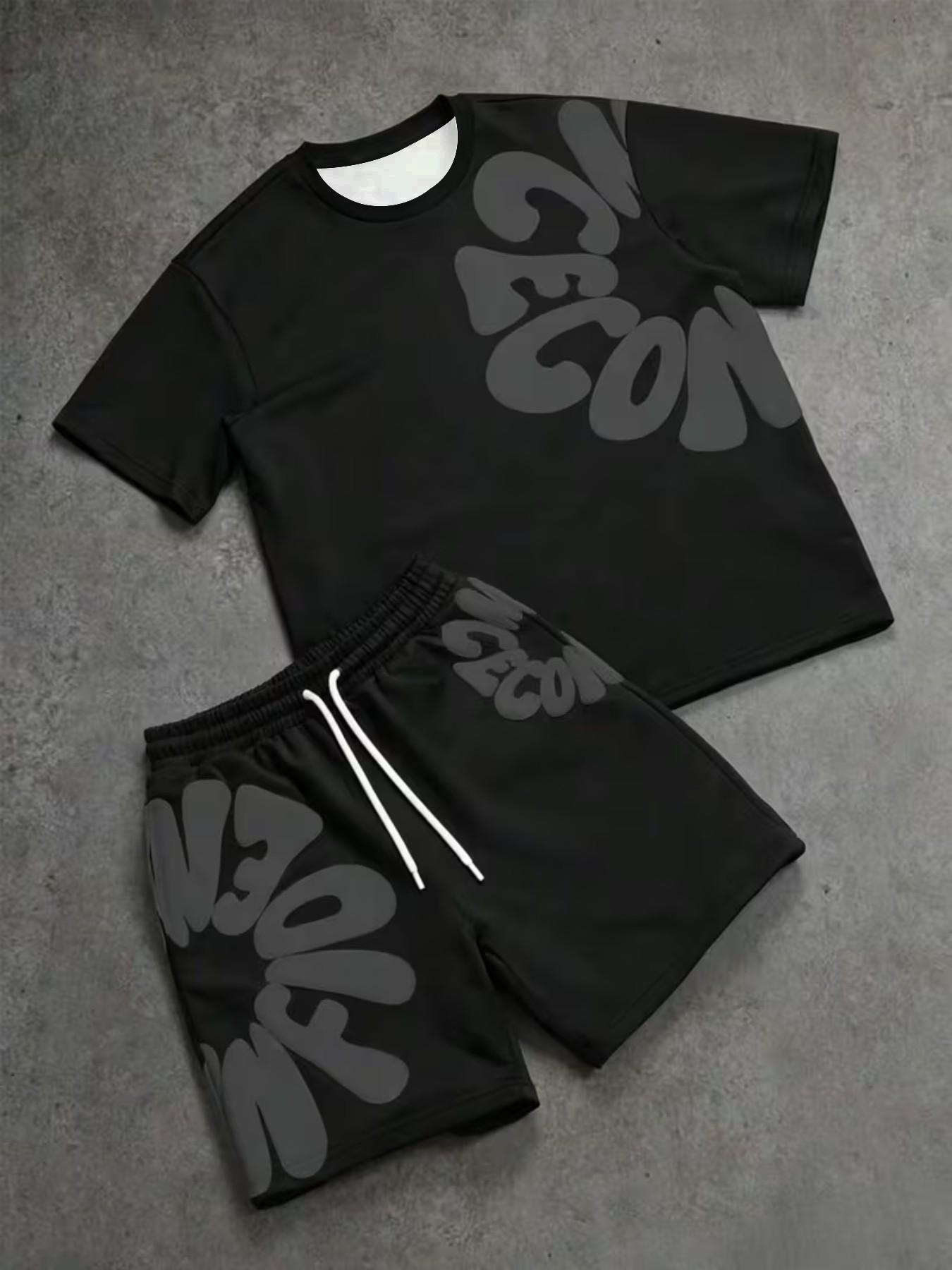 Men's Simple Letter Print Set, Round Neck Short Sleeve T-Shirt and Shorts, Casual Fitted Two-Piece Set Outfit, Suitable for All Seasons