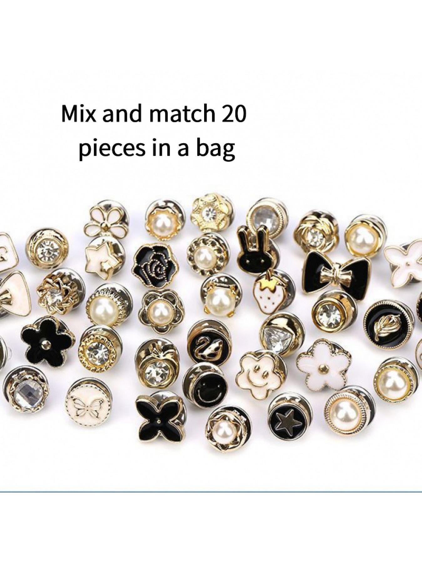 20 Counts Brooch Buttons for Women, Mini Instant Buttons Pins, Assorted Brooch Pins, Pearl Rhinestones Shirt Lapel Brooch Pins, Cover Up Buttons Pins for Clothes Coat Dress Jeans Hat Bags Decor