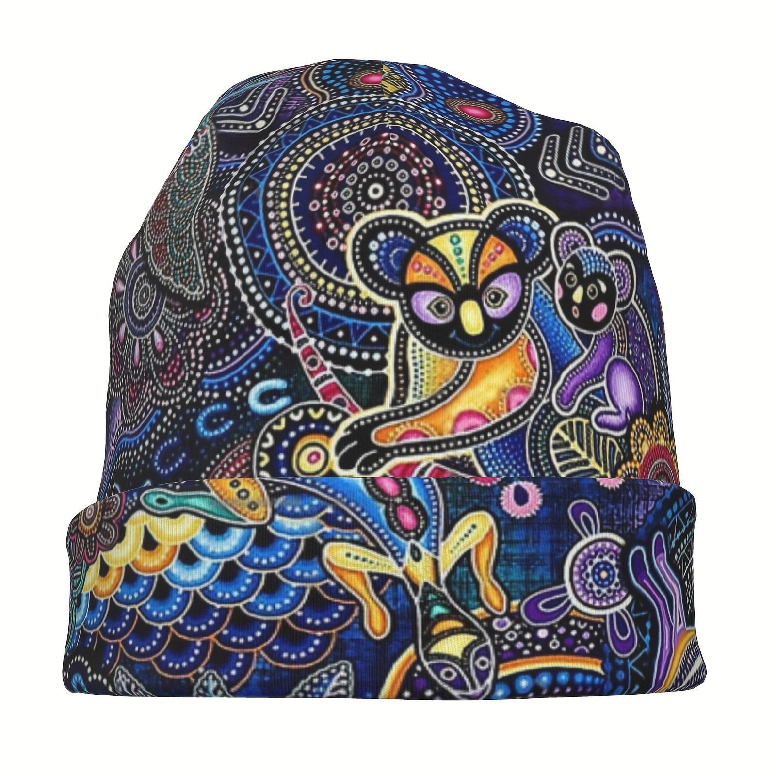 Vintage Artistic Koala Pattern Knit Skull Cap, Polyester and Elastane Beanie, Comfort Stretch Outdoor Cap Without Brim