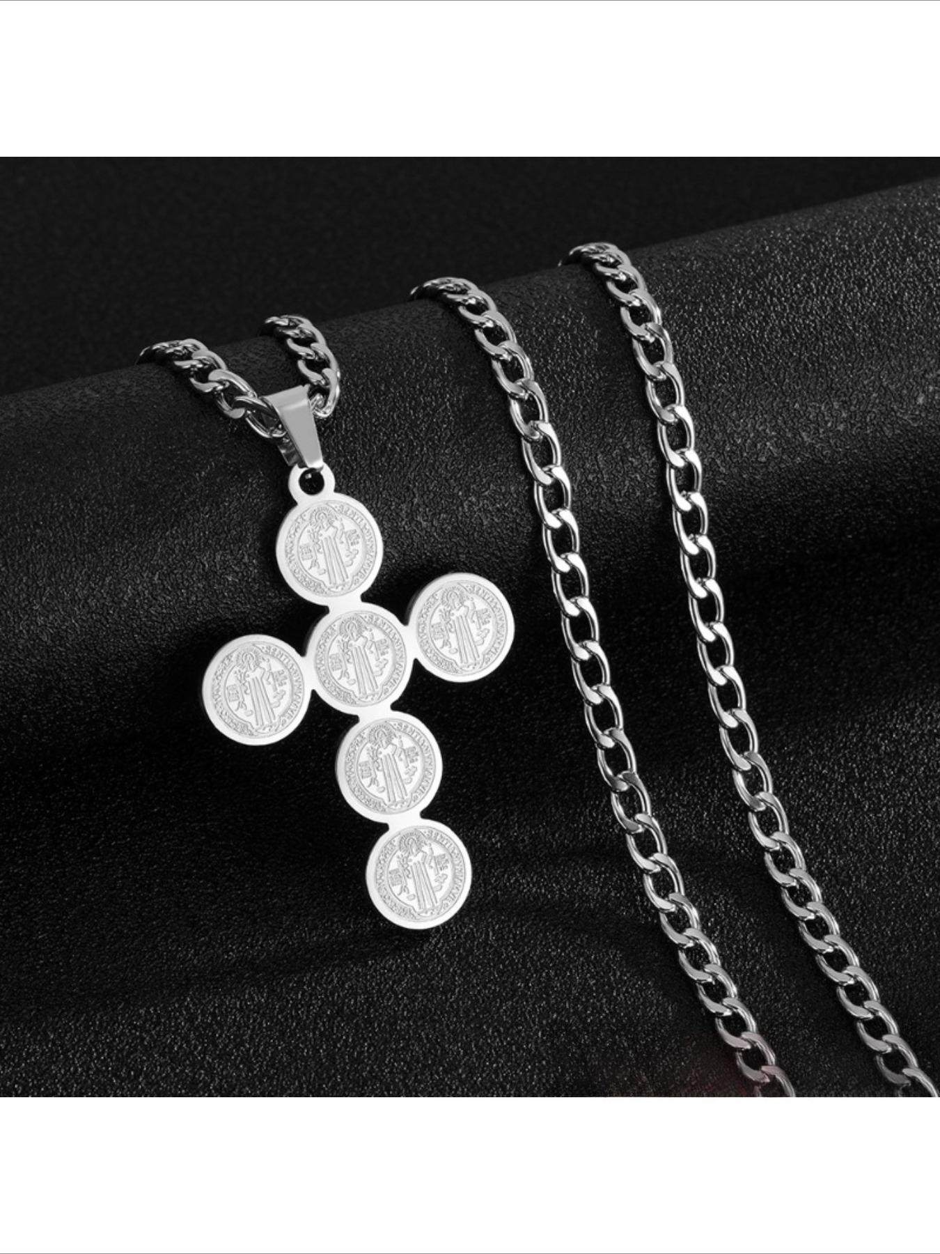 Vintage Cross Engraved Coin Pendant Necklace, Grunge Streetwear Titanium Steel Chain, Non-Tarnish Edgy Jewelry