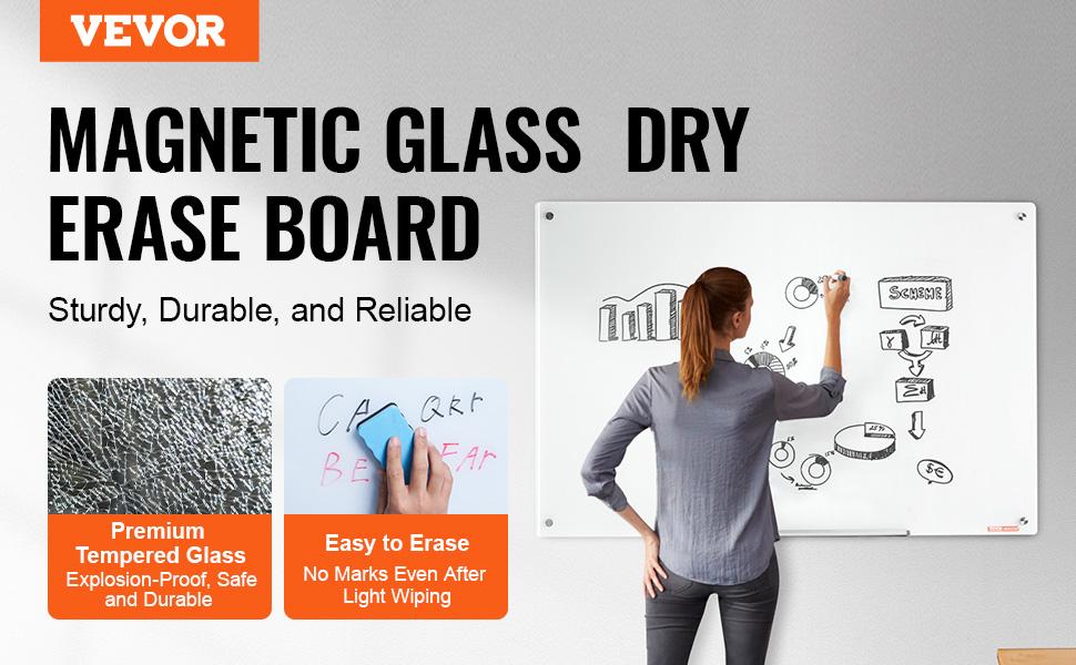 VEVOR Magnetic Glass Whiteboard, Dry Erase Board 48x32, Wall-Mounted Large White Glassboard Frameless, with Marker Tray, an Eraser and 2 Markers, White