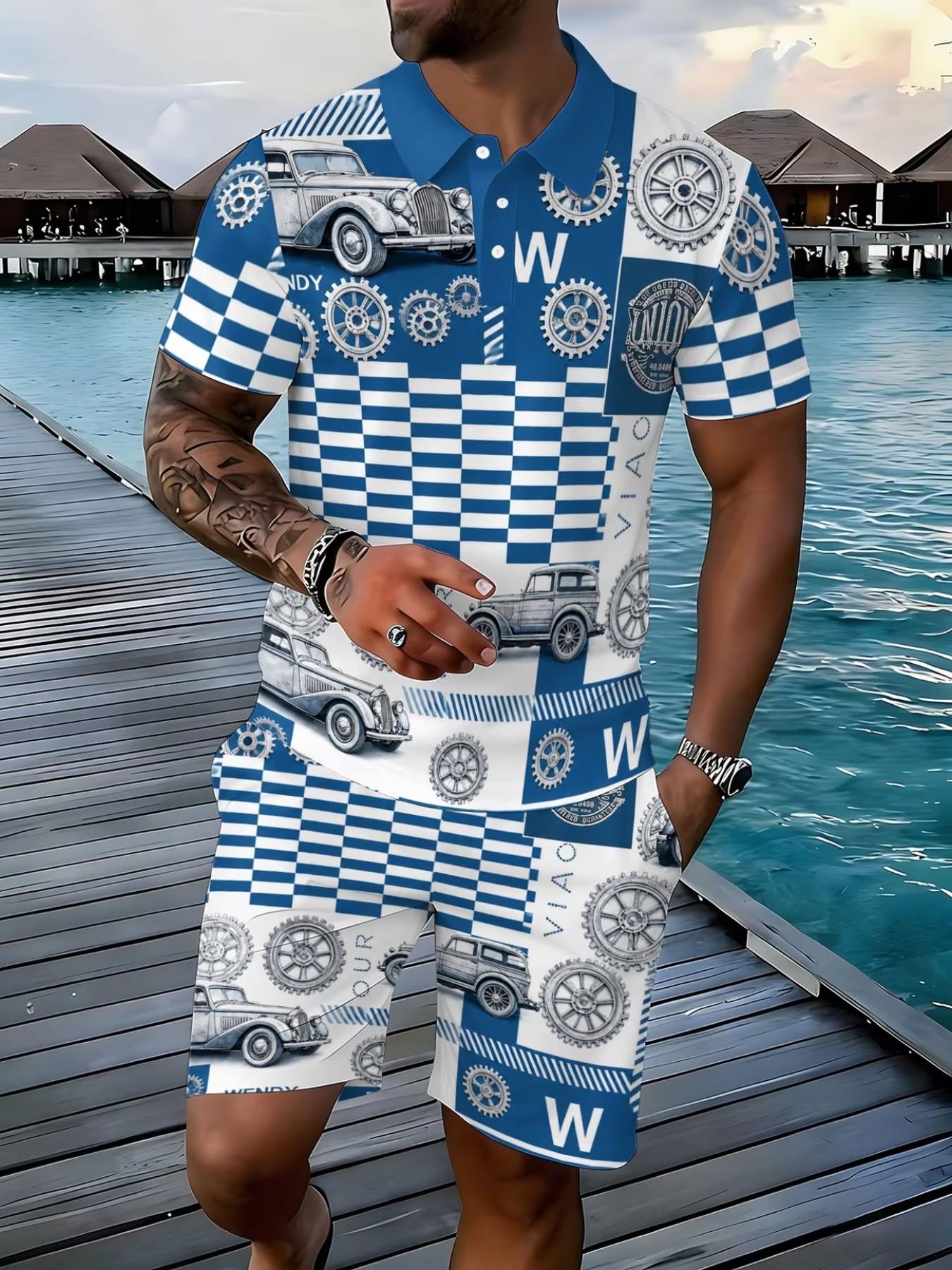 Men's Polo Set, Summer Short Sleeve Polo Shirt Set, Vintage Car Print, Casual Sporty Two-Piece, Breathable Collar Top with Drawstring Shorts