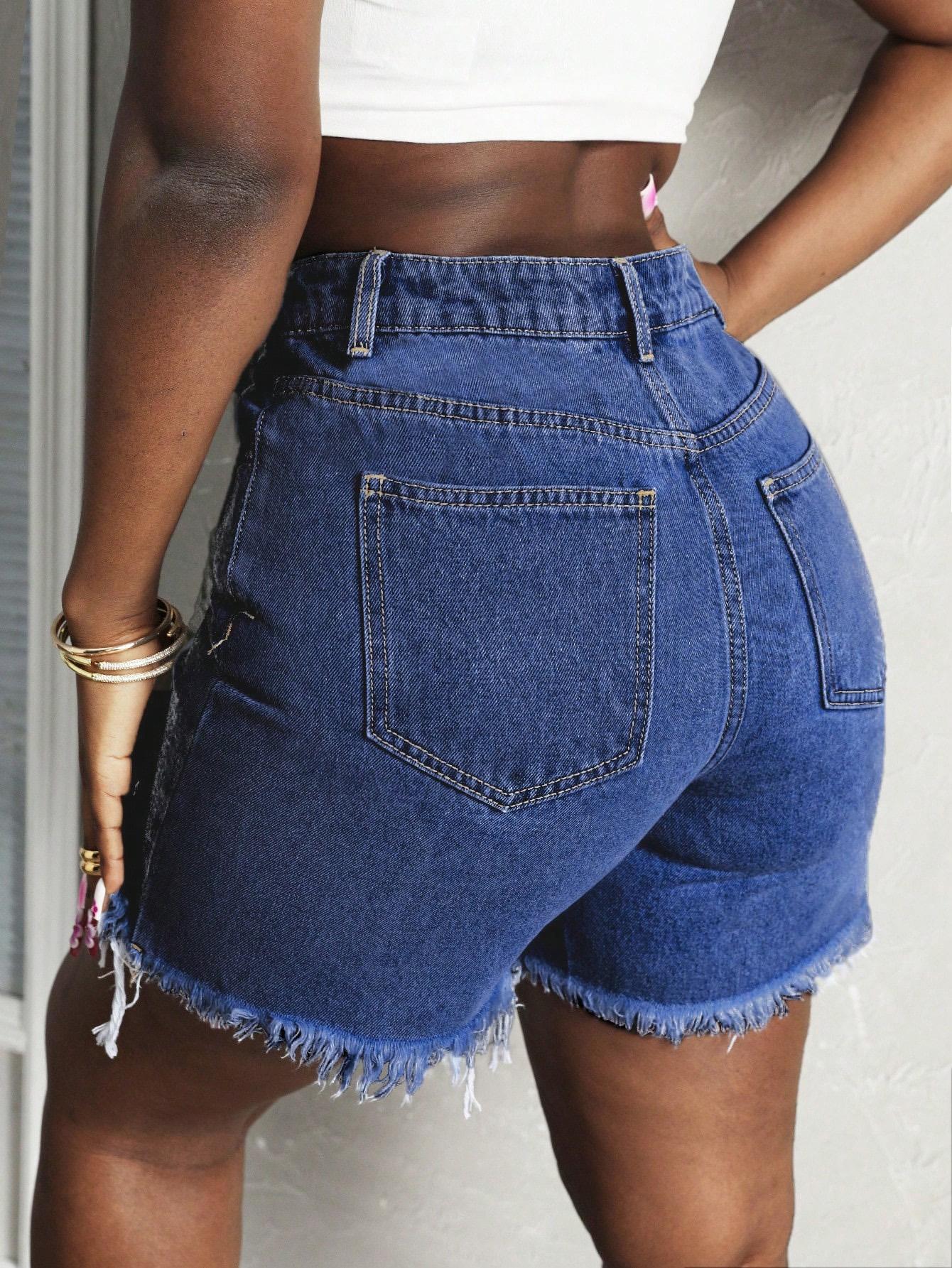 USBoutique Chic Jean Shorts for Women High Waisted Stretchy Casual Denim Shorts Ripped Frayed Hem Summer Trendy Jorts Basic Minimalist Bottoms - Womenswear
