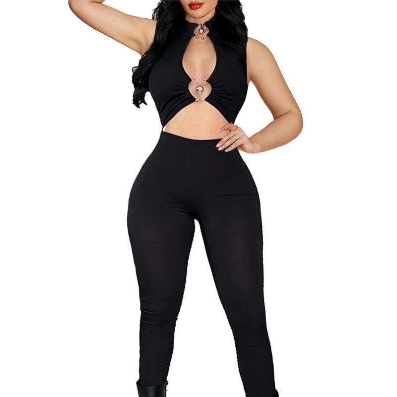 Women's Solid Color Sleeveless Yoga Suit Slim-fitting Jumpsuit High Waist Sexy Hollow Suit Fitness One-piece Sports Belly-exposed jumpsuit
