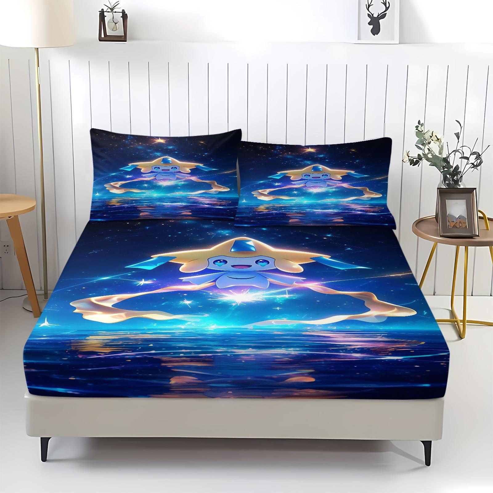 3-Piece Pikachu Pattern Fitted Sheet Set, Soft And Durable Bedding Set Includes 1 Piece Flat Sheet And 2 Pieces Pillowcases, Daily Holiday Birthday Gift Bedroom Decorations For Kids And Adults