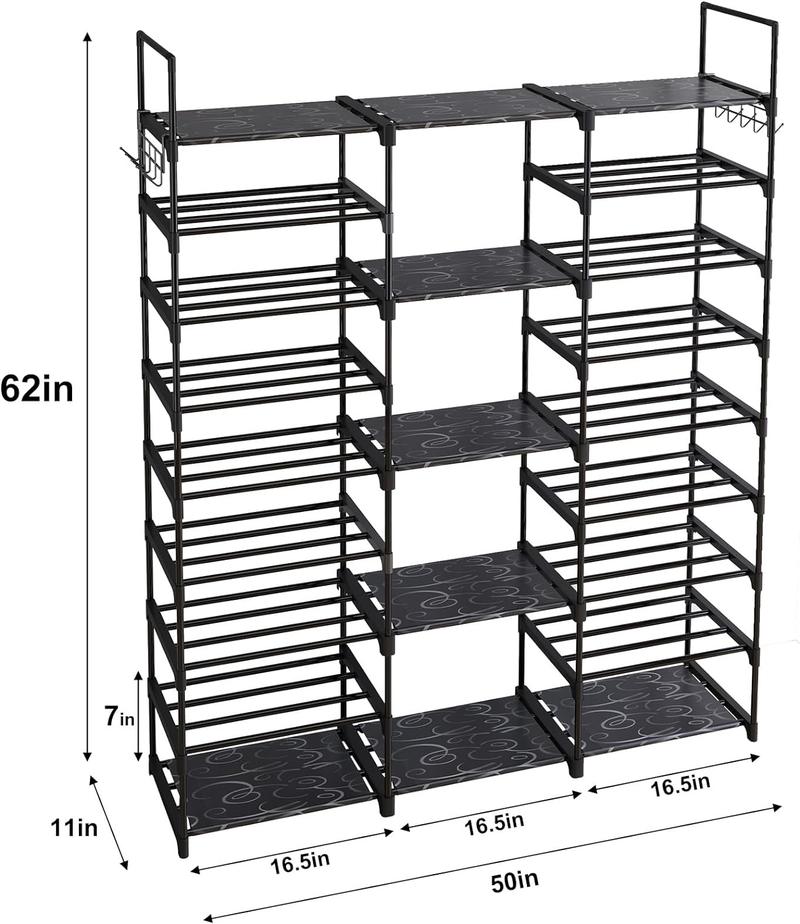9 Tiers Shoe Rack Organizer,  Max Holds 55 Pairs, Metal Shoe Storage, Shelf with Hooks for Entryway, Garage, Black