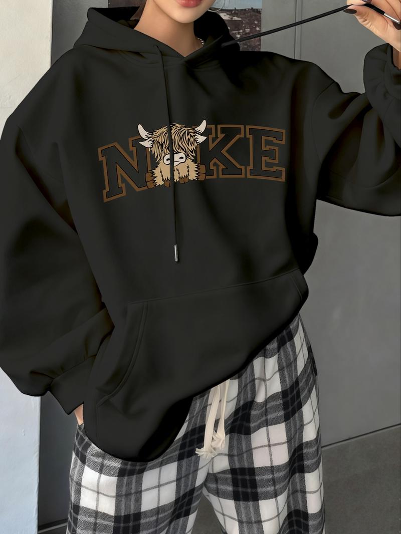 Women's Drawstring Hoodie with Highland Cow & Letter Print, Loose Fit Long Sleeve Casual Top for Fall & Winter