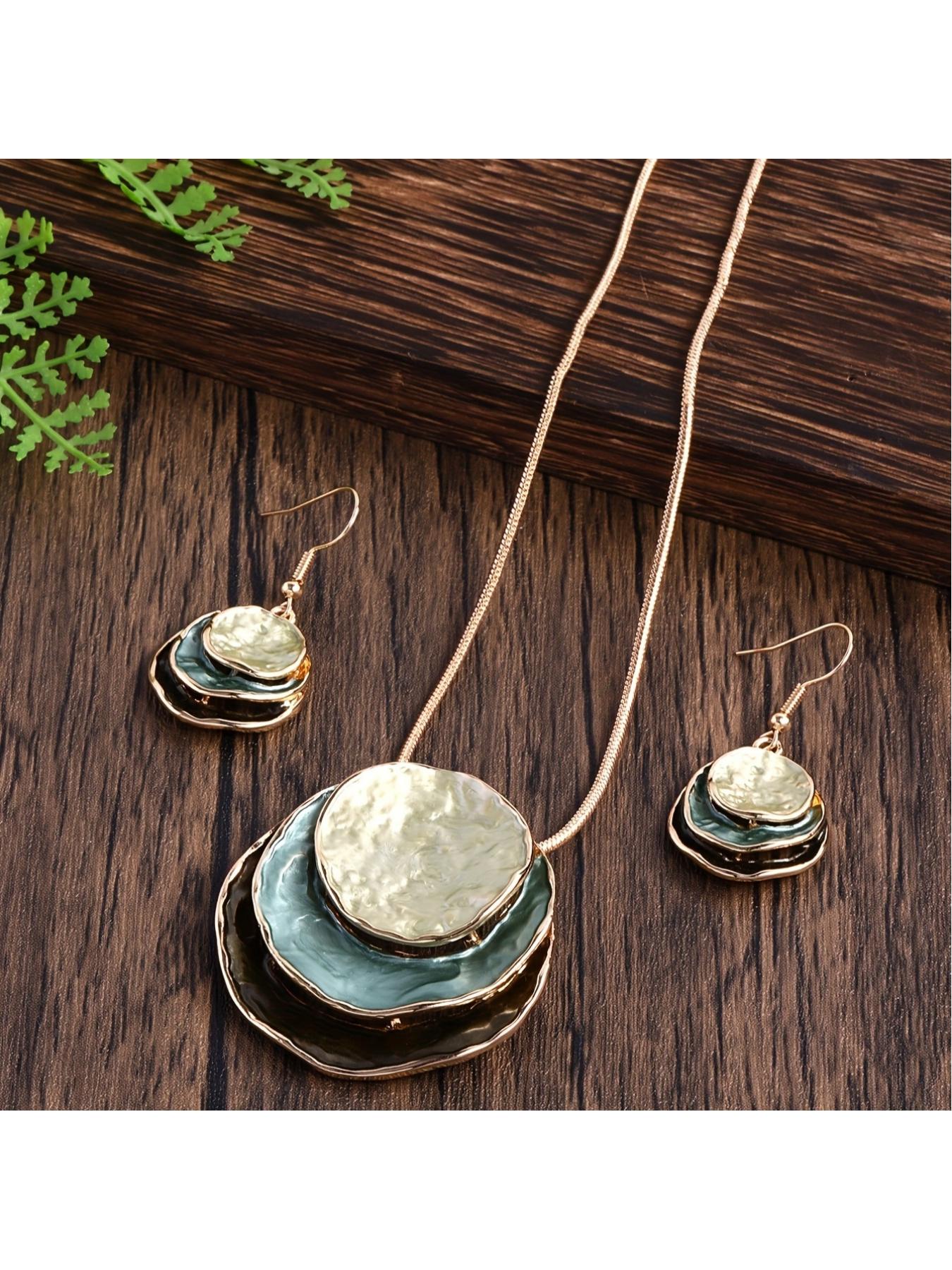 Boho 3-Layer Round Zinc Alloy Enamel Jewelry Set, Necklace & Earrings for Women