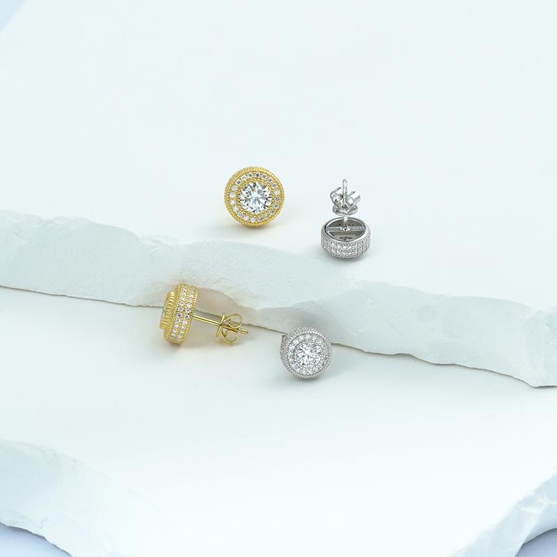 Delzzad Round VVS Synthetic Moissanite Hip Hop Iced Out Halo Stud Earrings Synthetic Moissanite Jewelry Perfect Birthday Anniversary Gift for Women Accessories Men Studearrings