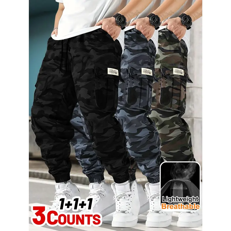 3 piece Men's Tactical Work Pants, Outdoor Camouflage Design, Training, Multi Pocket Pants, Hiking and Camping, Lightweight, Breathable, Quick Drying Sports Pants