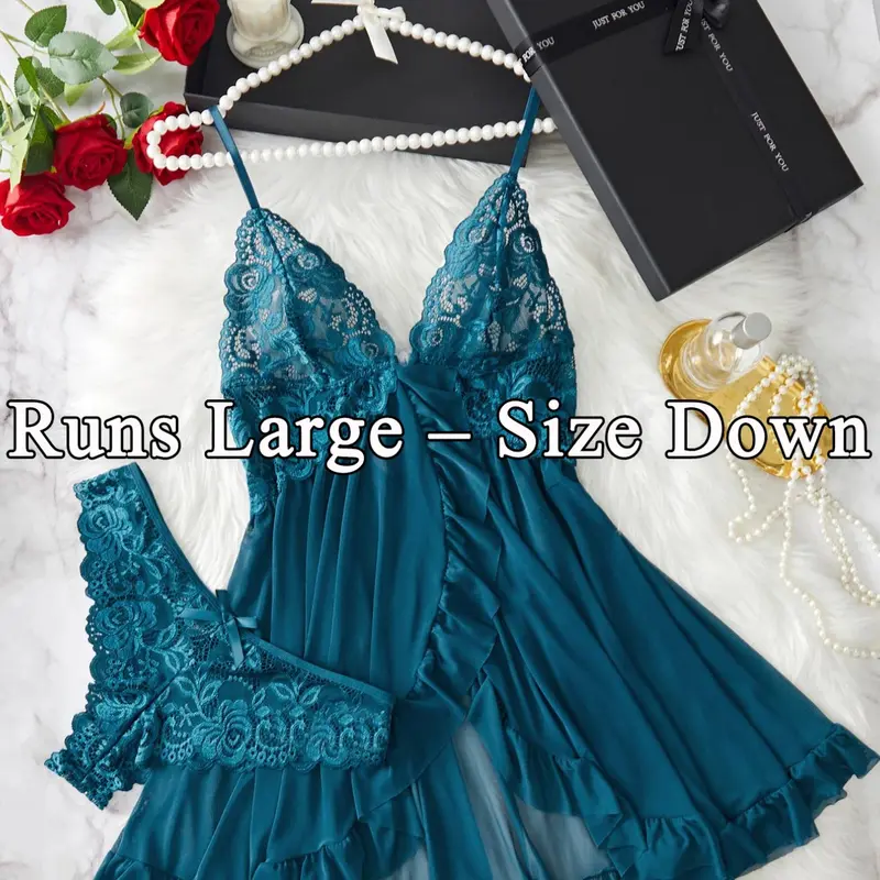 【Black Friday】Ladies' Sexy Ruffle Trim Cami Nightdress & Bow-Decorated Panty Set, Comfortable Playful Floral Lace Sheer Sleepwear Lingerie Set #GLOBAL PICKS