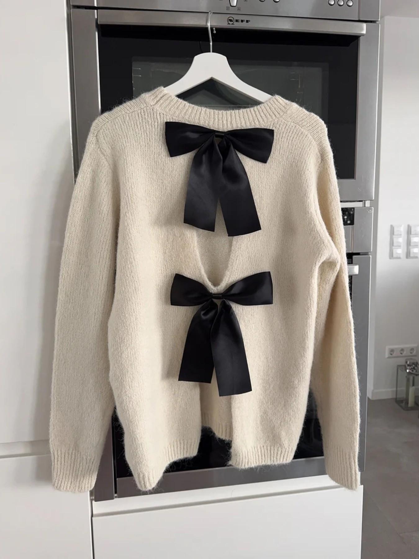 Women's Fashion One-Piece Sweater, Autumn Winter Round Neck Pullover, Back Slit Bow Design, High Stretch Classic Pure Color Top233