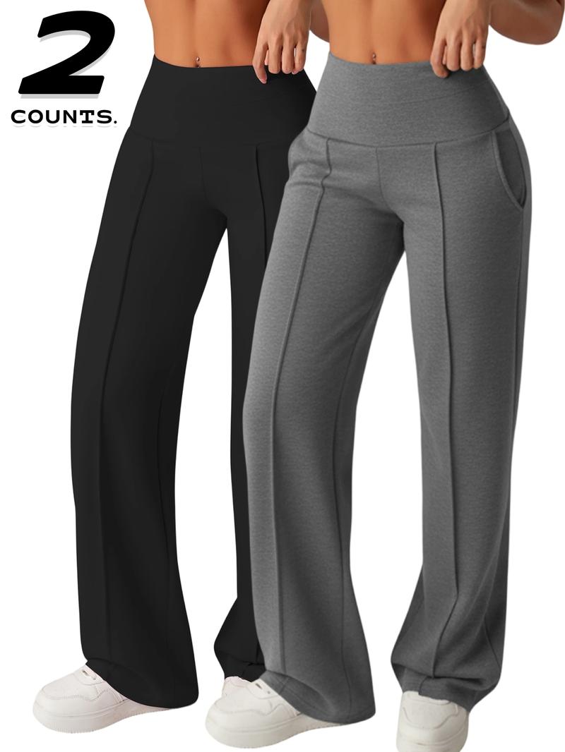 Women's High Waisted Side Pocket Joggers, Casual Sporty Yoga Pants, Loose Fit Elastic Waist, All Seasons Long Regular Leggings