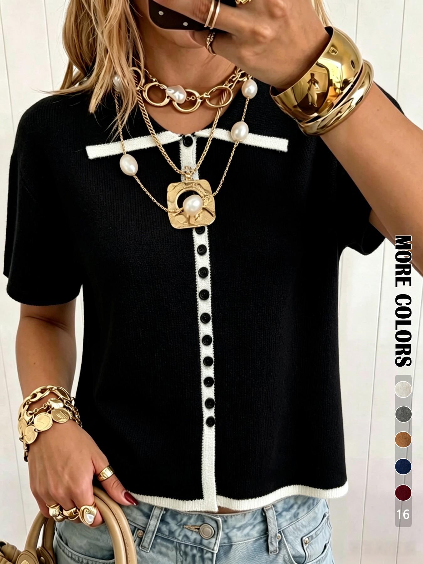 Elegant Polo Neck Button Front Pullover, Casual Colorblock Short Sleeve Top, Loose Fit Fall Fashion Women's Sweater