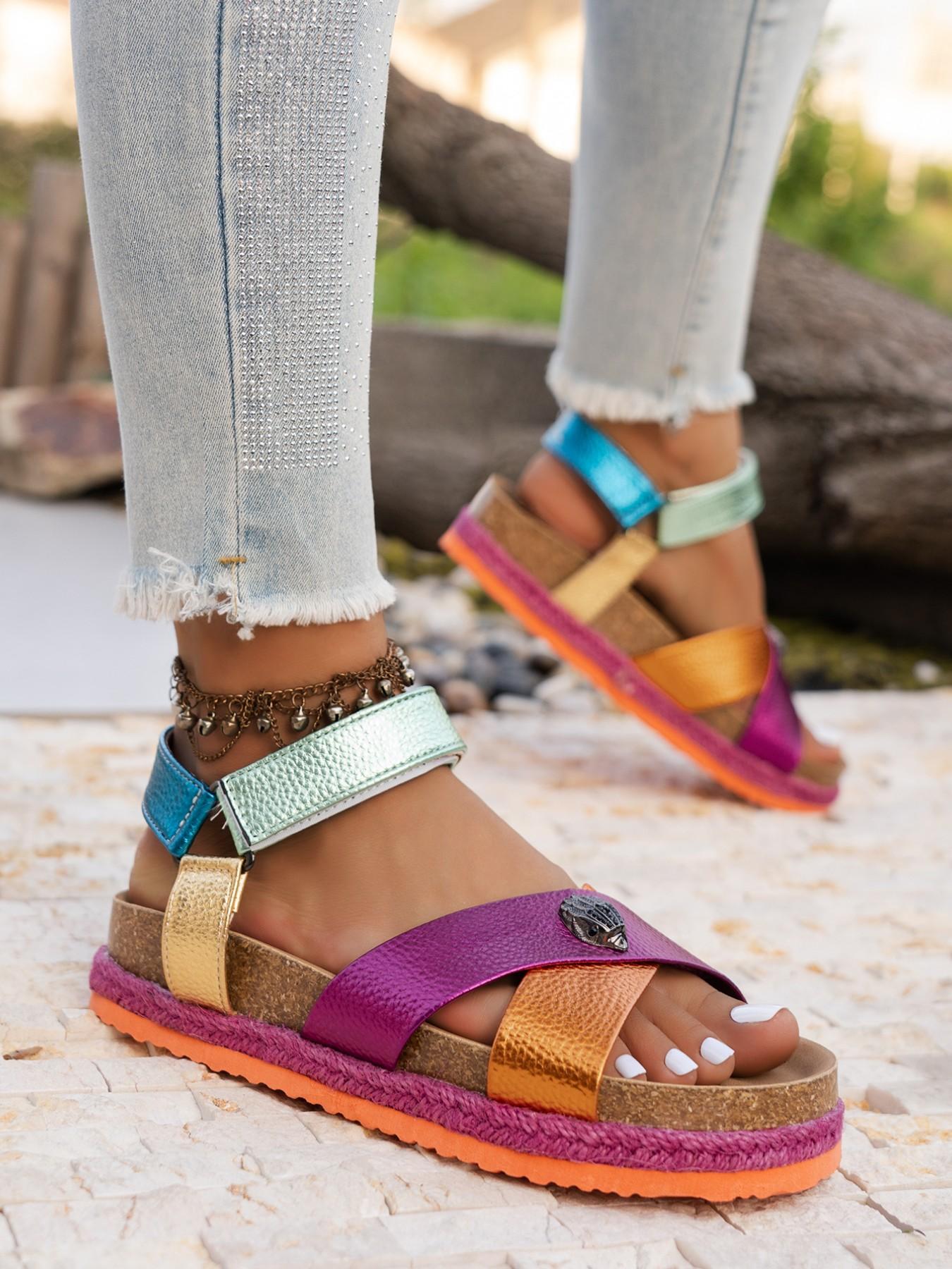 Women's Plus Size Thick Sole Daily Wear Sandals, Colorful Cross Strap Velcro Beach Shoes, Outdoor Wear, Comfortable and Stylish Footwear Summer