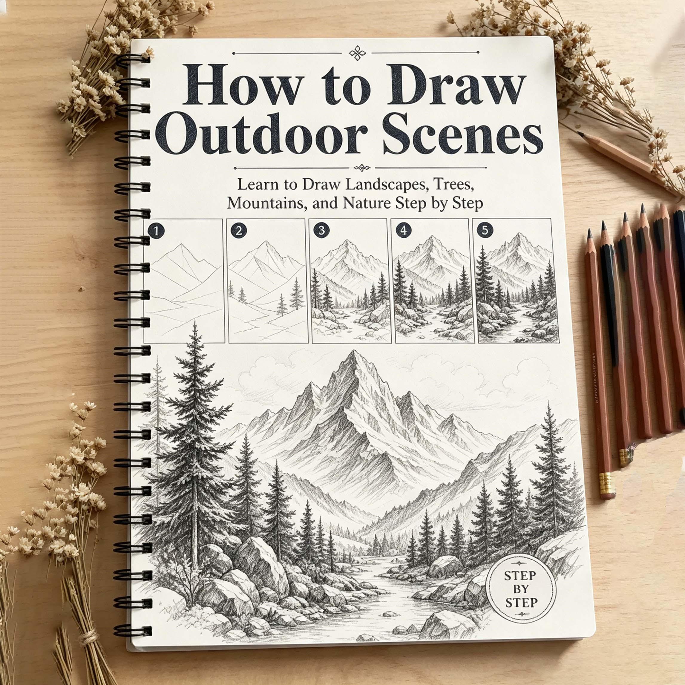 Landscape Painting Tutorial Instructions, Step-By-Step Sketching Practice, Mountain Forest Lake Clouds, Ideal for Beginners Adults Teens Art Lovers Travel Sketching