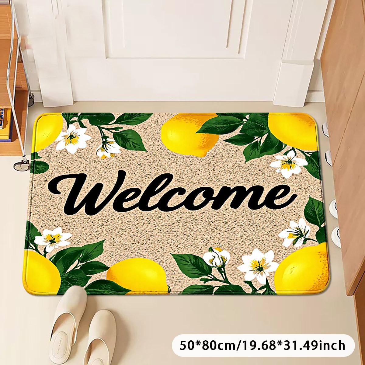 1pc Welcome Lemon-Frame Solid Minimalist Flannel 100% Polyester ENTRANCE MAT, foyer/aisle/door light absorb light slip-safe, fold-flat space-save, fruit-lover flex lay, machine-wash gentle fade-free gift-ready