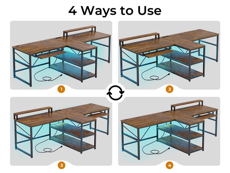 SEDETA 94.5" Home Office Desks, Computer Gaming Desk with Storage, LED Lights, Power Strip with USB, Keyboard Tray & Monitor Stand, Extra Long Double Desk for 2 Person