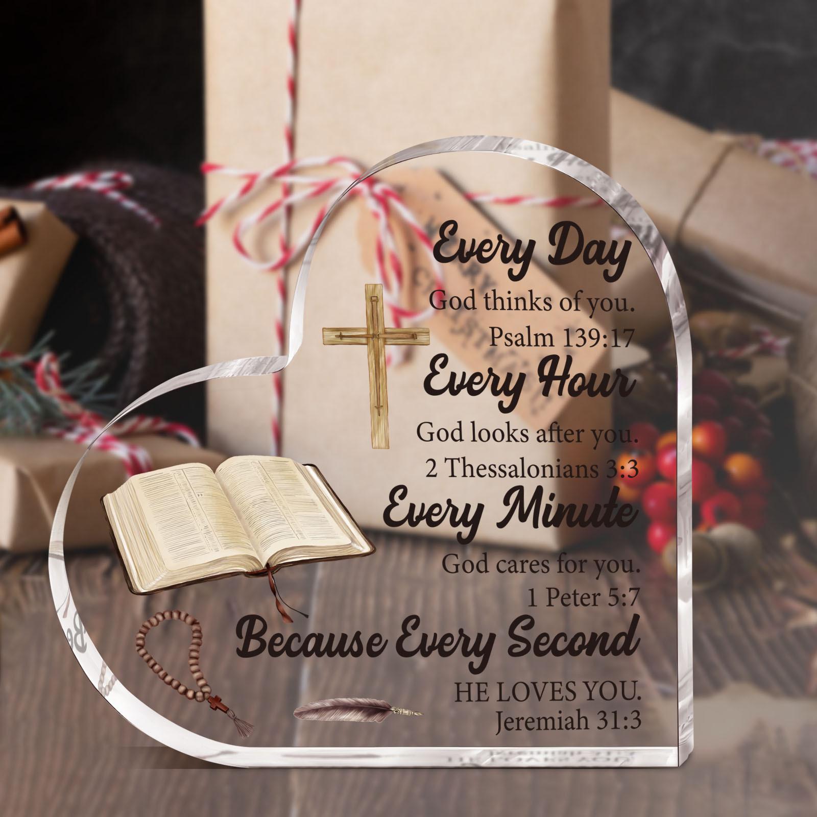 Acrylic Heart Shaped Plaque, 1 Count Bible Verse Pattern Ornament, Home Office Desk Decoration Gift for Pastors Women Daughter Friends Bestie, Acrylic Plaque Sign