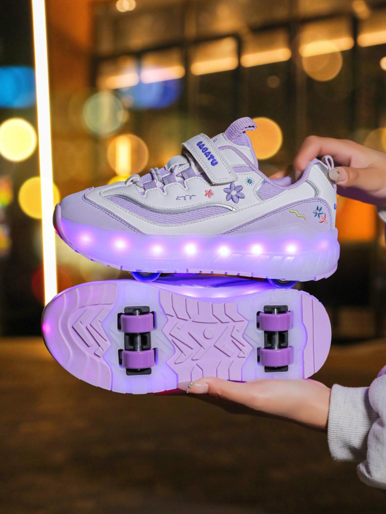 Girls' Four-Wheel Roller Skates, New Wheel Sports Shoes, Adjustable Velcro Skate Shoes, Breathable Mesh, LED Light-Up, USB Charging, Shoes with Wheels