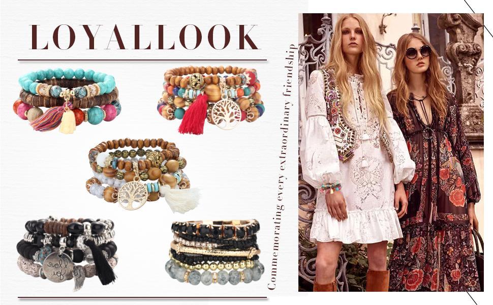 LOYALLOOK 6 Sets Bohemian Stackable Bead Bracelets for Women Stretch Bohemian Style Stretch Multilayered Boho Bracelet Set