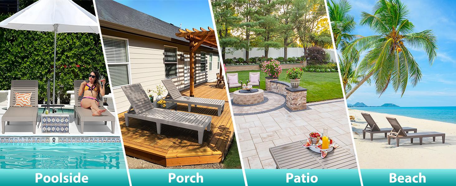 Unikito Lounge Chair Outdoor Set of 2 for Patio, Weather-Resistant Tanning Chair Recliner with Adjustable Backrest, Sun Lounger for Outside Deck, Pool, Poolside, Porch, Beach, Light Brown