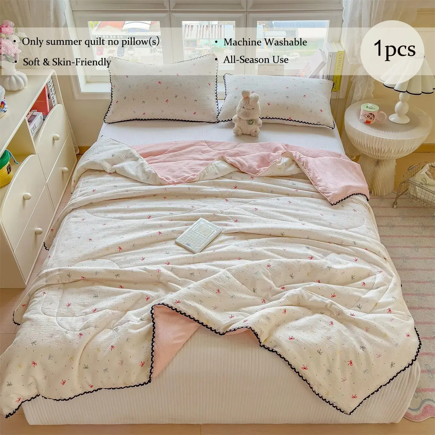 1pc Bubble Lace Trim Summer Quilt, Cool Touch Soft Wavy Fabric All Season Thin Comforter, Whole Fiber Filling Skin-Friendly Breathable Lightweight Cooling Blanket, Cute Floral Cartoon Prints For Single Double Bed, Multi-Scene For Bedroom Couch Office Nap